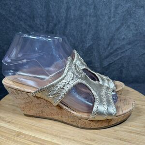 S Jack Rogers Emilia Gold Leather Cork‎ Wedge Sandal Woman Size 7 M